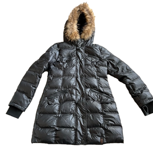 RUDSAK Mid Length Black Puffer Winter Coat Fur Hood Leather Trim